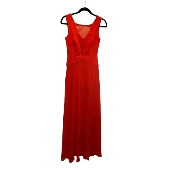 BCBGMaxAzria Solid Red Sleeveless Illusion V-Neck‎ Maxi Cocktail Dress Size 0 - Picture 1 of 8